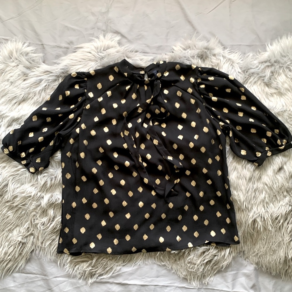 Luna Rae Black & Gold Pullover Style w/ Bow Size XL 3/4 Sleeve Blouse Shirt